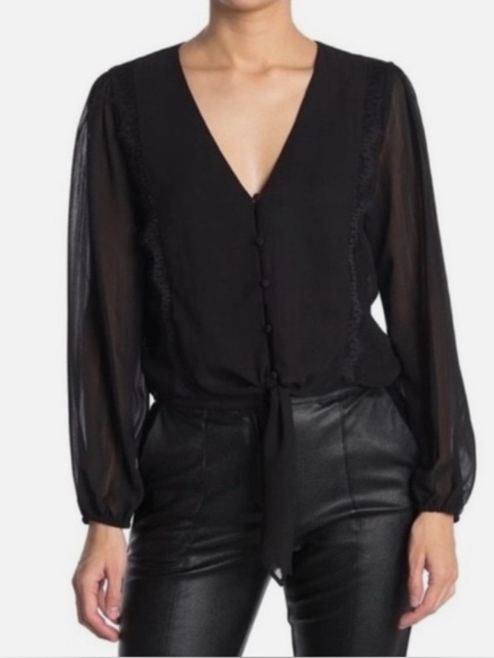 NWT WAYF Lace Trim Tie Front Blouse Black Size Small